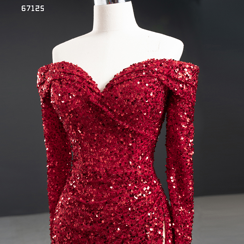 Red off shoulder Mermaid Prom dress Sequin feather formal dress OB67125